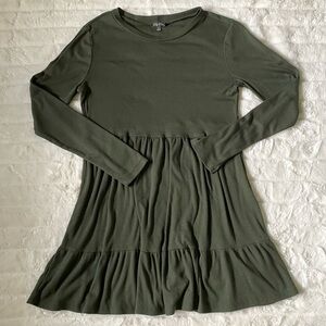 Junior’s Olive Green Long Sleeve Tiered Babydoll Dress